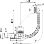 Слив-перелив для ванны плоский автоматический 1 1/2"x40 с переходной трубкой 10гр 40/50 слив клапан "клик-клак", пробка D=70мм черный матовый Alca Plast A507BLACK-80