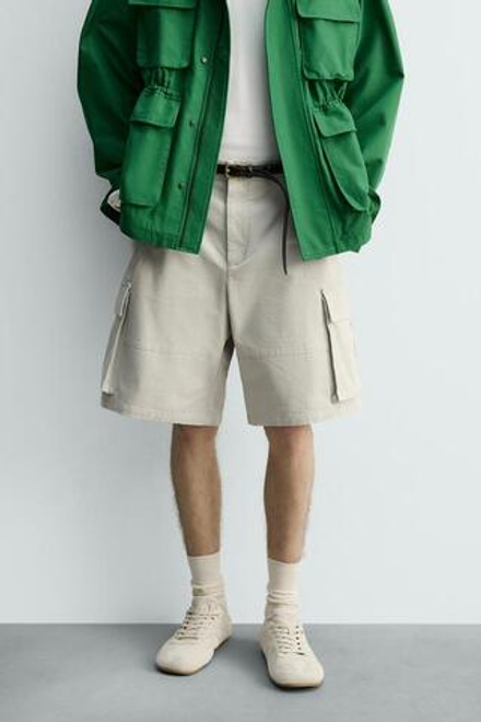 ZARA ШОРТЫ КАРГО RELAXED FIT, ЖЕМЧУЖНО-СЕРЫЙ