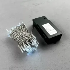 Светодиодная гирлянда 10 м., 3 батарейки типа D 4.5V, 100 LED ламп холодного белого цвета, таймер, прозрачный провод, LTC (EST100-4W10-8W)