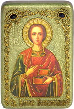Настольная икона "Святой Великомученик и Целитель Пантелеймон" на мореном дубе, 15х10см