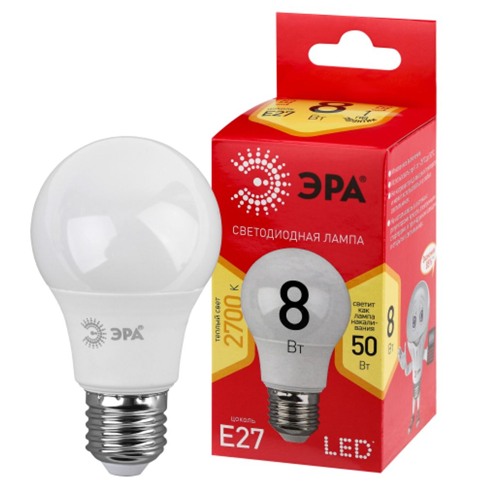 Лампа светодиодная ЭРА RED LINE LED A55-8W-827-E27 R 8Вт груша теплый белый свет Е27 | Лампы cветодиодные Груша (A)