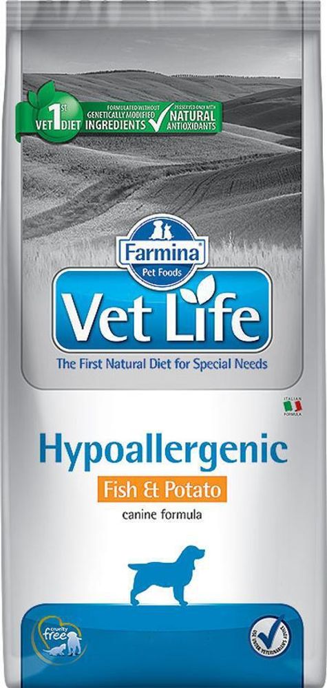 Farmina VetLife 2кг Hypoallergenic Fish &amp; Potato Сухой корм для собак при пищевой аллергии и непереносимости, рыба и картофель