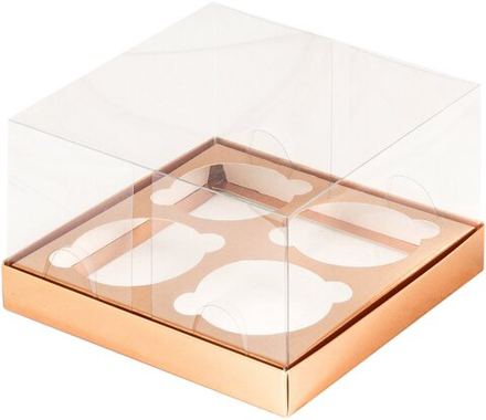 Коробка для капкейков ПРЕМИУМ золото с прозрачным куполом на 4 ячейки, 16х16х10см