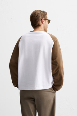 ZARA ФУТБОЛКА В СТИЛЕ КОЛОР-БЛОК, КОРИЧНЕВЫЙ