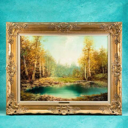 Винтаж: Картина «Лесной пейзаж с озером»