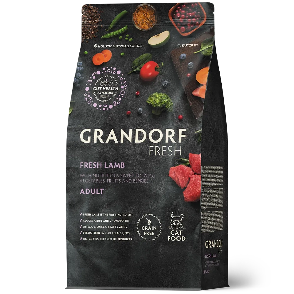Сухой корм GRANDORF FRESH CAT Lamb беззерновой ягненок с бататом для взрослых кошек, чувствительное пищеварение или склонность к аллергии 0,4кг