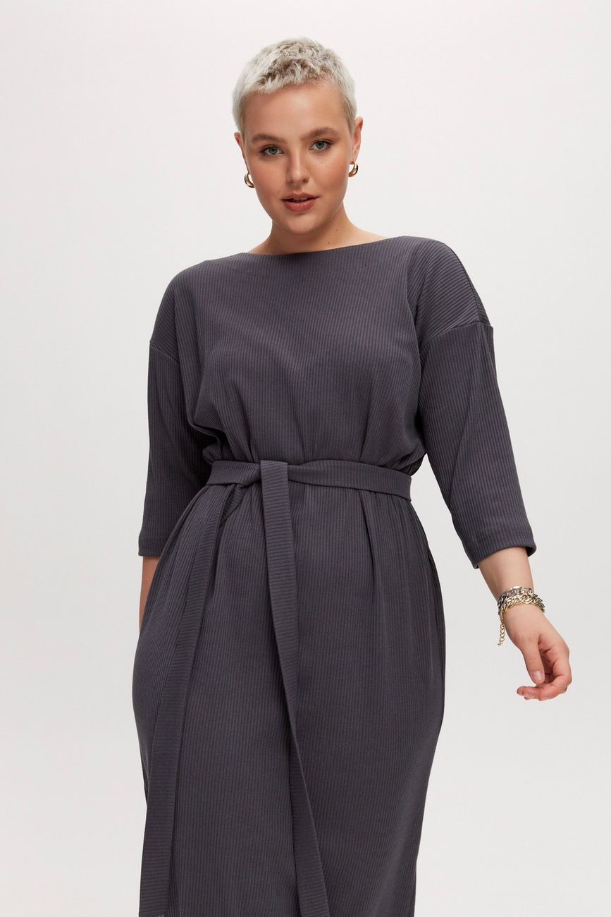 Платье трикотажное, в рубчик, графит