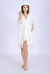 Халат женский велюровый с кружевом 0483 кремовый NUSA Турция