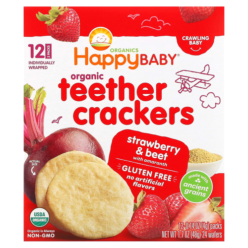 Happy Family Organics, Happy Baby, органические крекеры для зубов, клубника, свекла и амарант, 12 пакетиков по 4 г (0,14 унции)