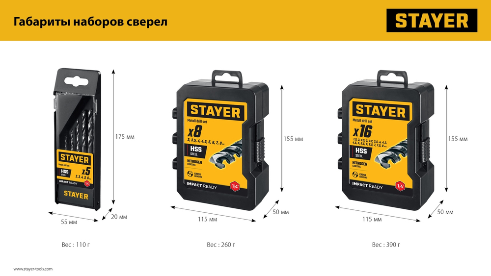 STAYER НЕХ-1/4″, 16 шт, набор сверл по металлу для винтовёртов и шуруповертов IMPACT READY (29603-H16)
