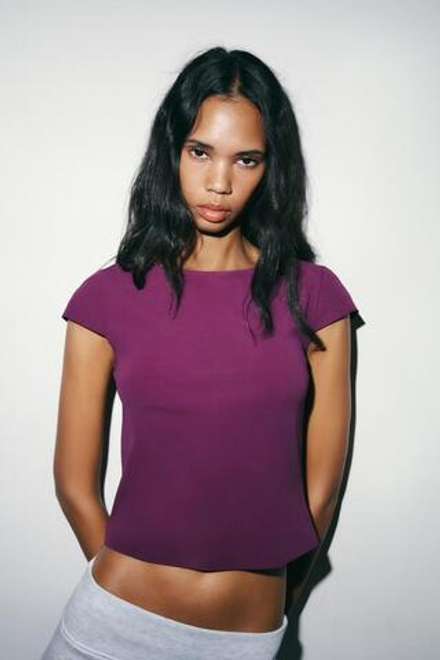 ZARA ФУТБОЛКА С КОРОТКИМИ РУКАВАМИ, ФИОЛЕТОВЫЙ