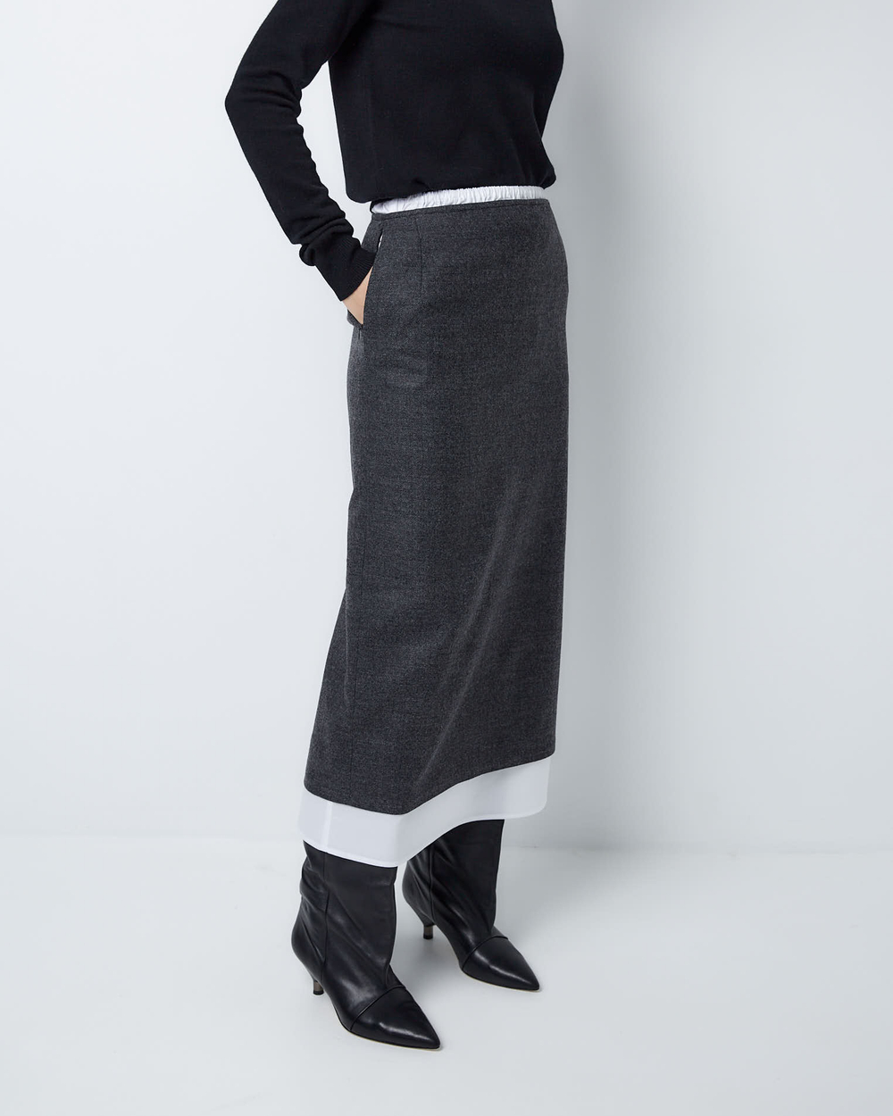 Юбка из тонкой шерсти с подъюбником из хлопка елочка серый/белый