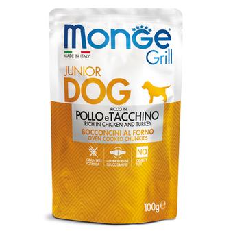 Влажный корм Monge Dog Grill Puppy&Junior для щенков с курицей и индейкой, паучи 100 г - 24 шт