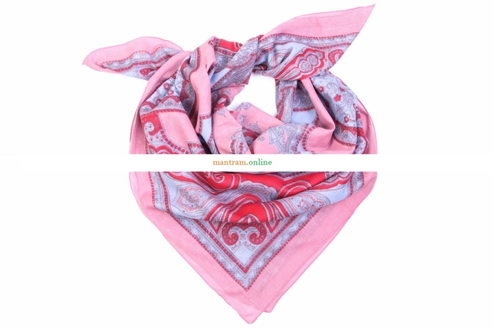 Платок материал Хлопок 100% "Огурцы, цветы" цвет красный голубой, розовая кайма 100x100 см.