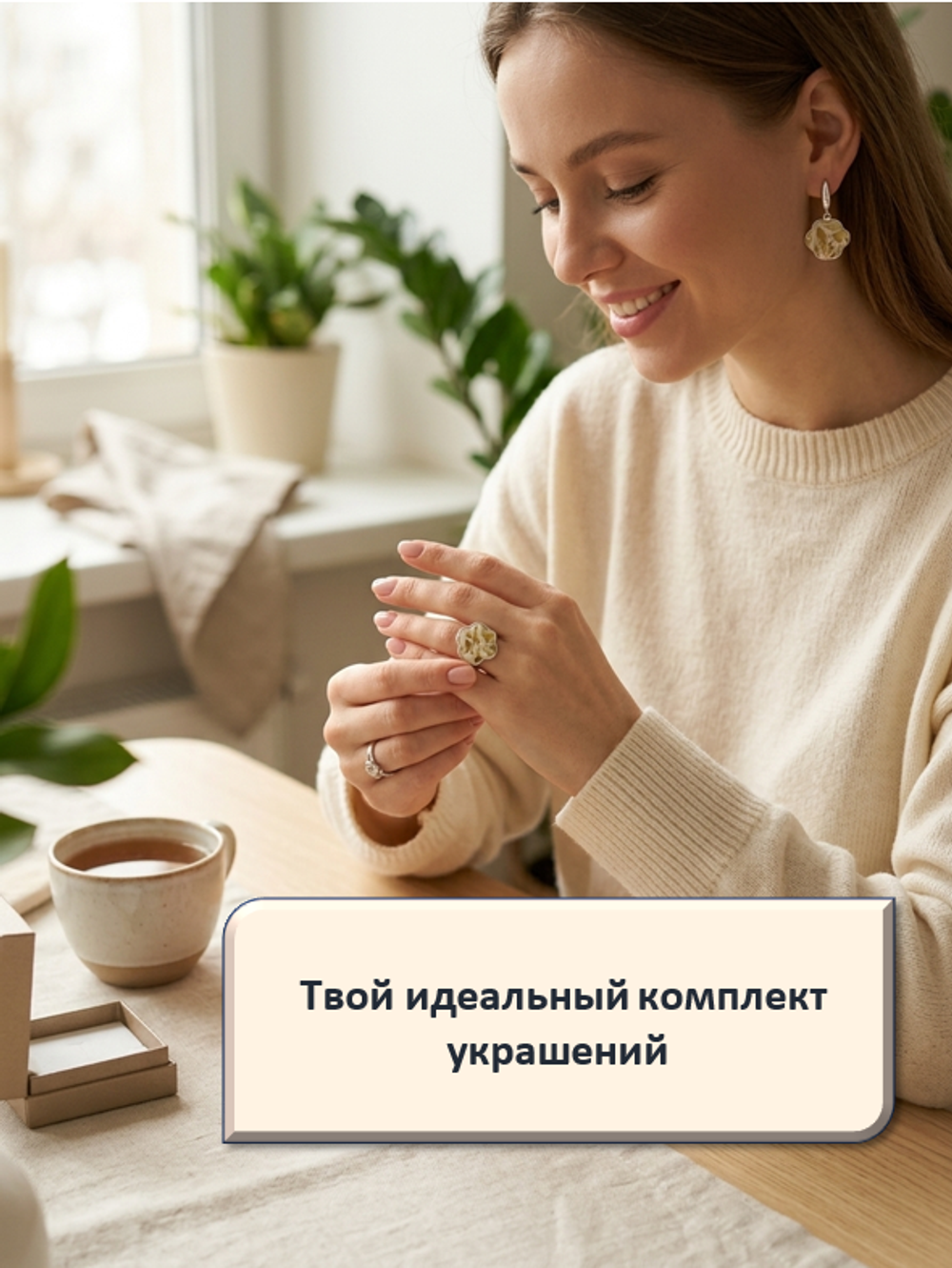 Комплект украшений с янтарём лапка пеструха белая мелкая светлая