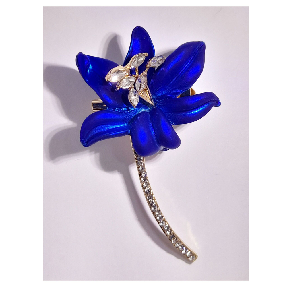 Брошь "Лилия со стеблем синяя"