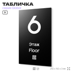 Табличка с номером Этаж 6, на дверь и стену, информационная и мультиязычная (русский, английский, китайский), серия GLOBAL, 25х15 см, Айдентика Технолоджи