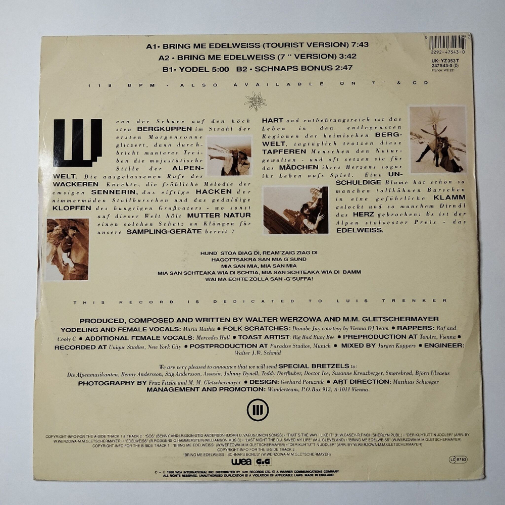 Винтажная виниловая пластинка LP Edelweiss A Sound Attack Straight From The Alps (UK 1988) Maxi Single 45 RPM