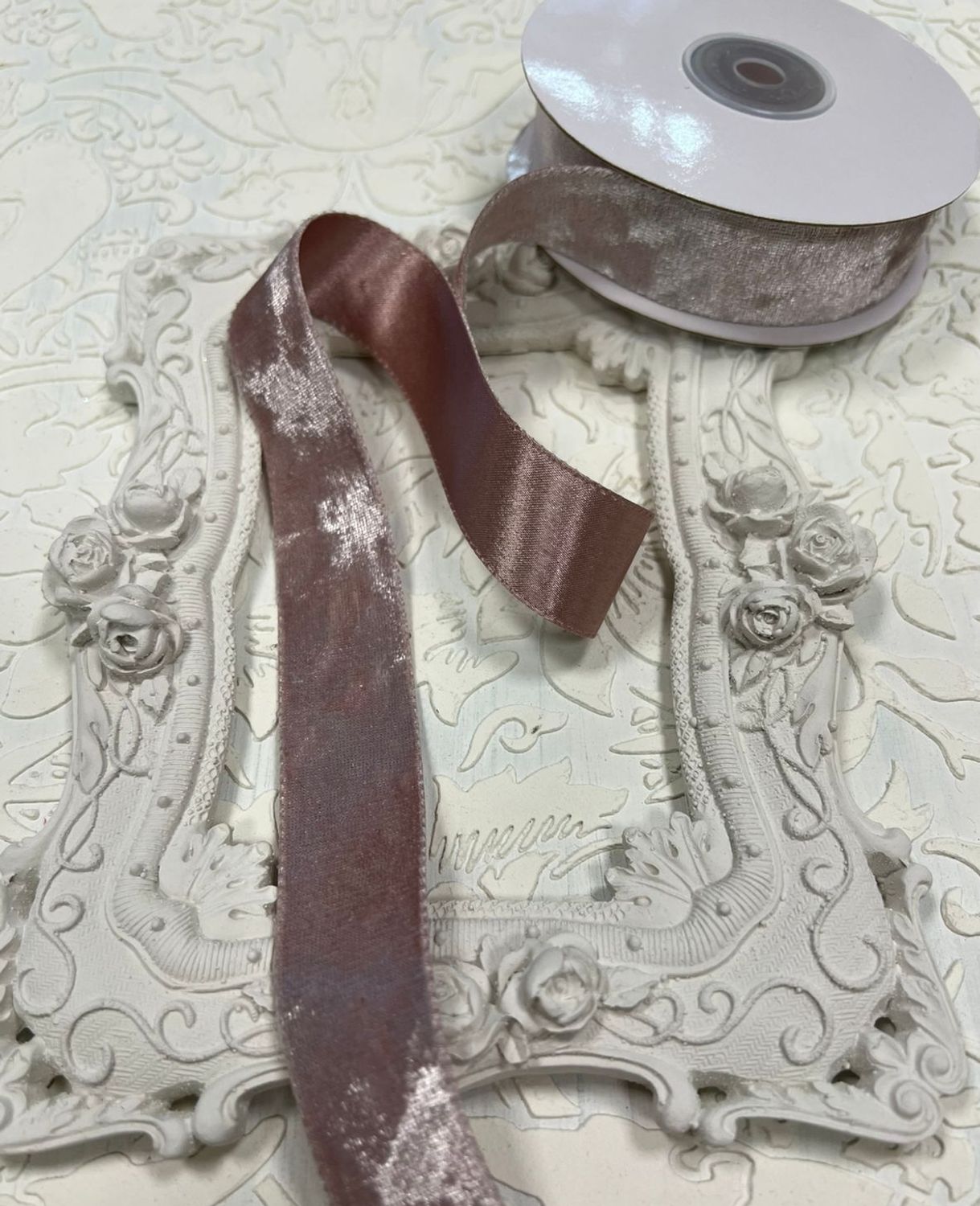 Лента двусторонняя велюр/атлас 2,5см цвет пыльная роза (1м)