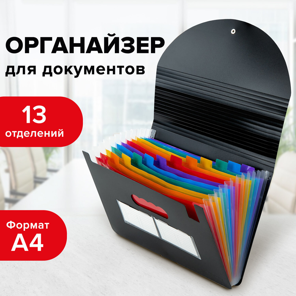 Папка-органайзер для бумаг и документов на резинке 13 отделений BRAUBERG DOCS А4 черная (2 штуки в упаковке)