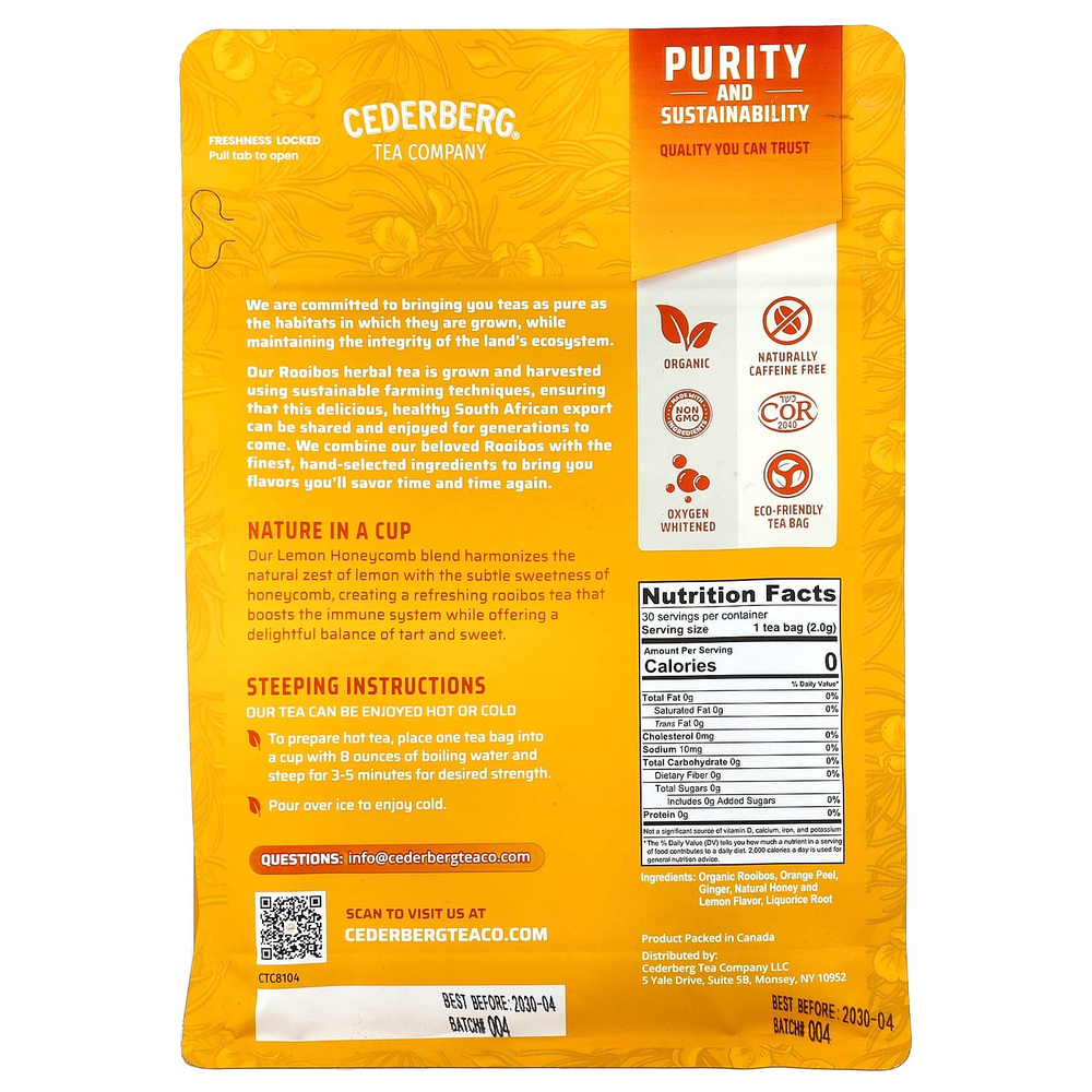 Cederberg Tea Co, ройбуш, лимон и соты, без кофеина, 30 чайных пакетиков, 60 г (2,1 унции)