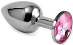 Серебристая гладкая анальная пробка с нежно-розовым кристаллом - 9,5 см. (Цвет: нежно-розовый)
