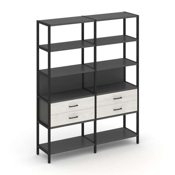 Shelf System Двухсекционный стеллаж пятиярусный с ящиками SN.STM-522 Антрацит/Дуб Наварра/Металл Чер