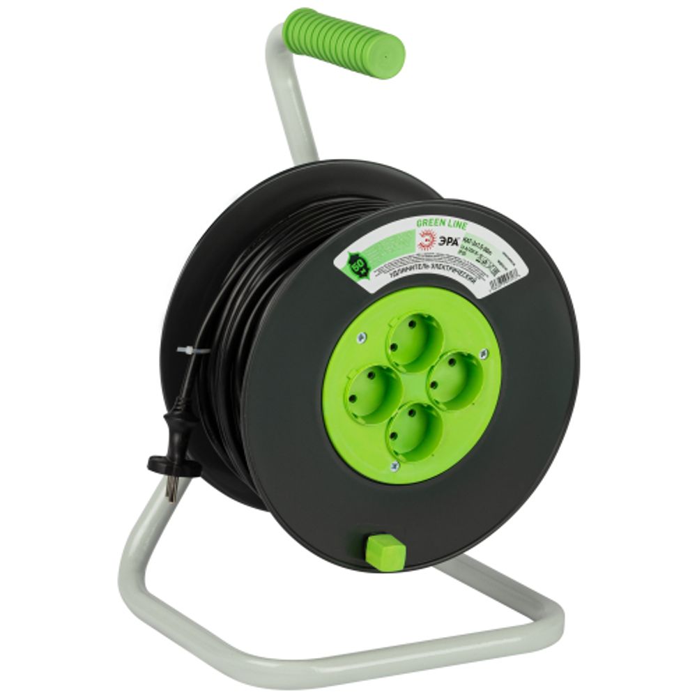 Удлинитель силовой ЭРА GREEN LINE KAT-2x1.5-50m Greenline на катушке пластик 4 розетки без заземления 50м ПВС 2x1.5мм2 | Силовые удлинители