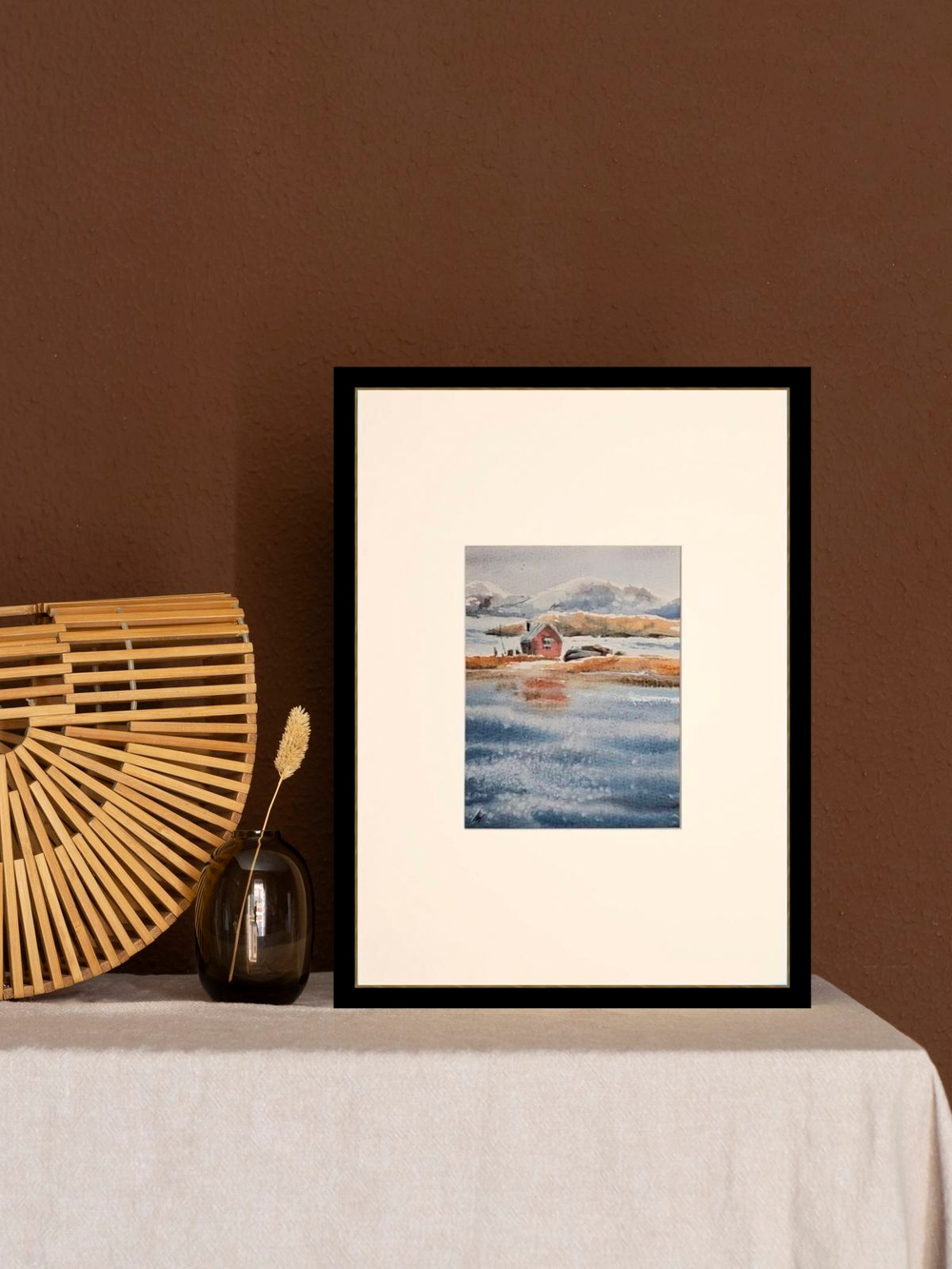 Картина авторская акварельная в паспарту 21х30 см на стену для интерьера "Рыбацкий домик"