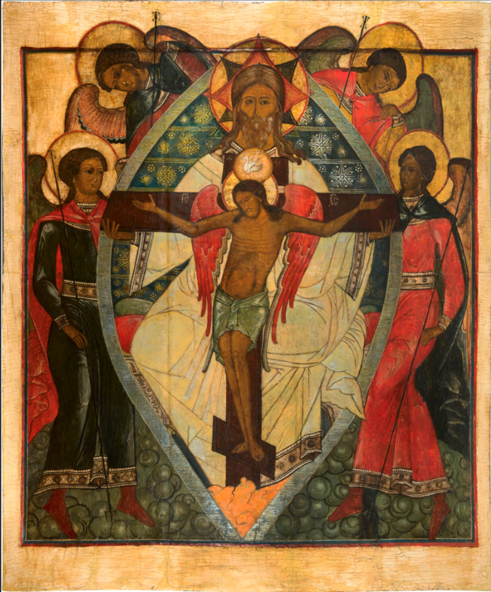 Икона Троица с Распятием Иисуса Христа на дереве на левкасе мастерская Иконный дом