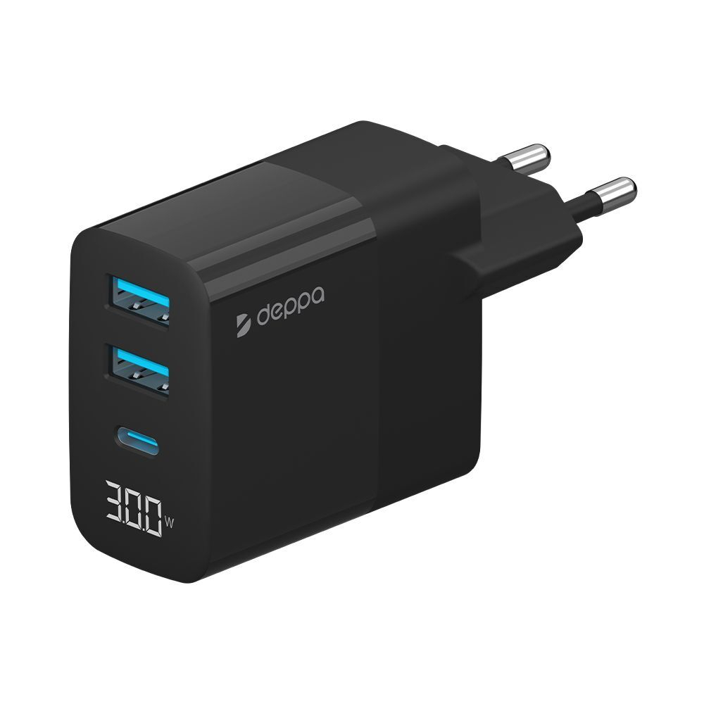Сетевое зарядное устройство USB A + USB-C, PD, QC 3.0, 30Вт, дисплей, черный