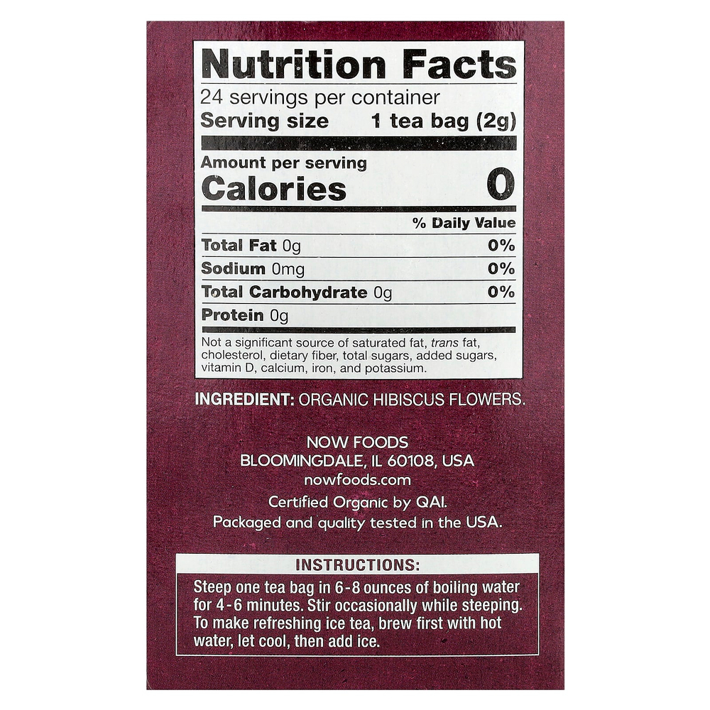 NOW Foods, органический чай гибискуса, без кофеина, 24 чайных пакетика, 48 г (1,7 унции)
