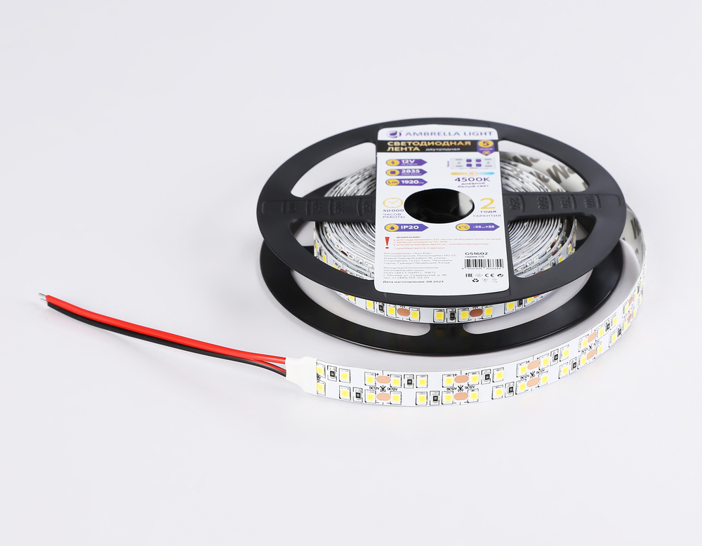 Светодиодная лента двухрядная GS1602 2835 240Led/ 19.2W m/ 12V IP20 4500K/ 5000*14*1.2mm/ кратность резки 25mm (2 конт.)