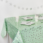 Скатерть металлизированная в мятном цвете с серебряными звездами, 137*183 см