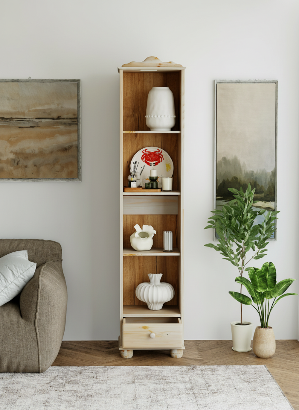 Стеллаж Бритта из массива сосны с ящиком, бежевый