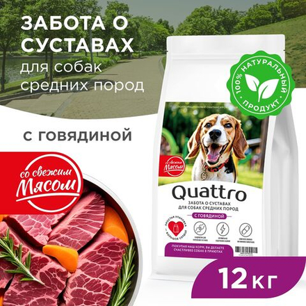 Корм сухой для взрослых собак средних пород, премиум полнорационный комплекс, забота о суставах, с говядиной, 12 кг, QUATTRO