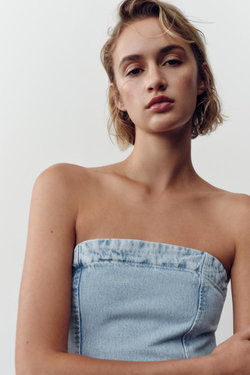 ZARA ДЖИНСОВЫЙ ТОП Z1975 БЕЗ БРЕТЕЛЕЙ, ГОЛУБОЙ