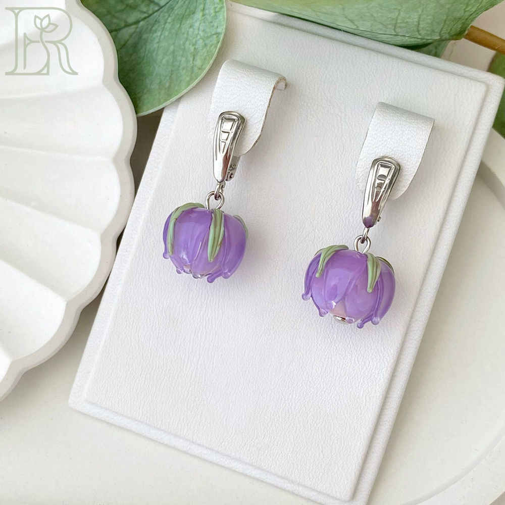 LEFIREL' Серьги серебряные женские "Лавия" с цветами из муранского стекла / ювелирные украшения из родированного серебра 925