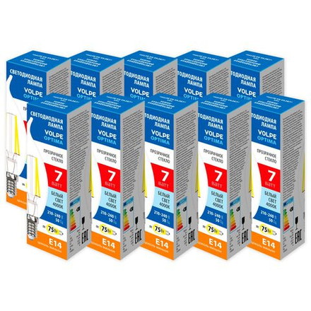 LED-CW35-7W-4000K-E14-CL-SLF Набор из 10штук Лампа светодиодная. Форма свеча на ветру. прозрачная. Серия Optima Филамент. Белый свет 4000К. ТМ Volpe