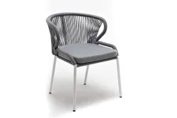 "Милан" стул плетеный из роупа, каркас алюминий белый муар, роуп светло-серый круглый, ткань светло-серая