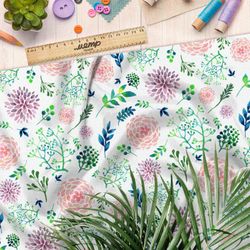 Ткань атлас акварельные георгины и трава