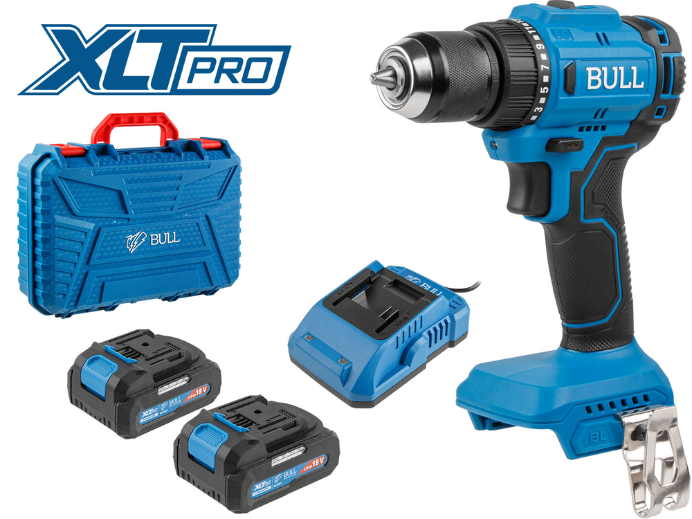 Шуруповерт BULL SR 1803 в кейсе. Бесщеточный двигатель, 45Н*м (в комплекте 2 АКБ 18В*2 А*ч XLTpro + зарядка)