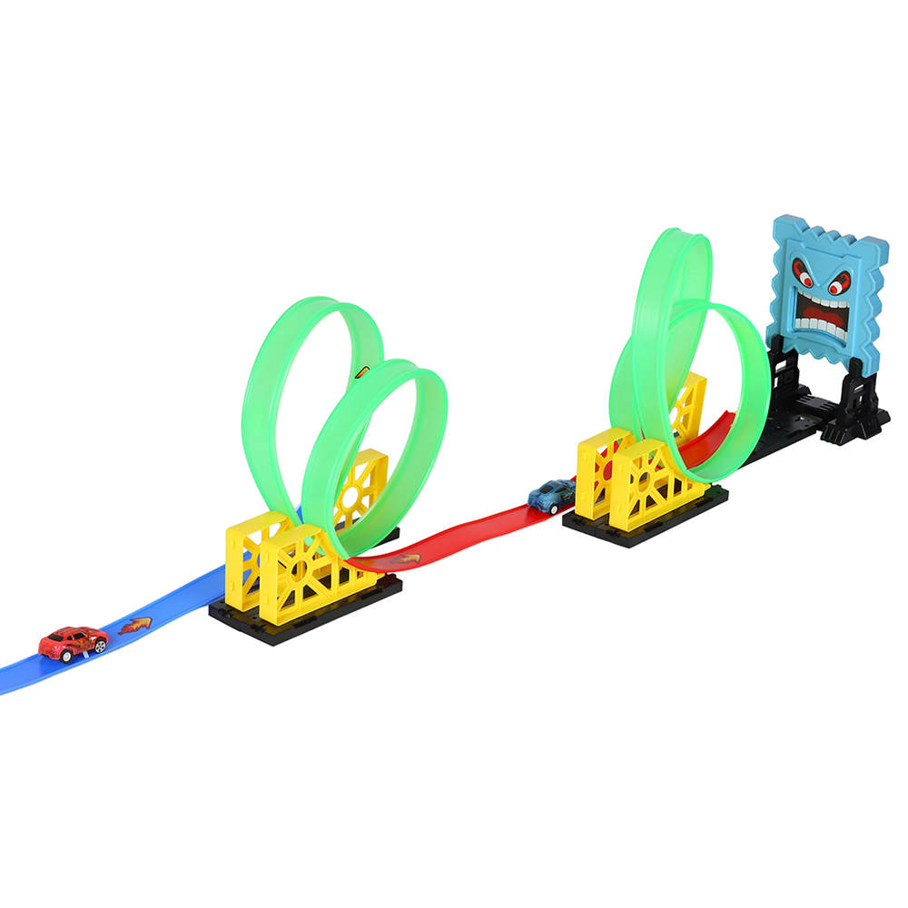 0404305/Трек со светом с пусковым устройством, 4 мертвые петли, трамплин и "хваталка"+ 2 инерц. маши