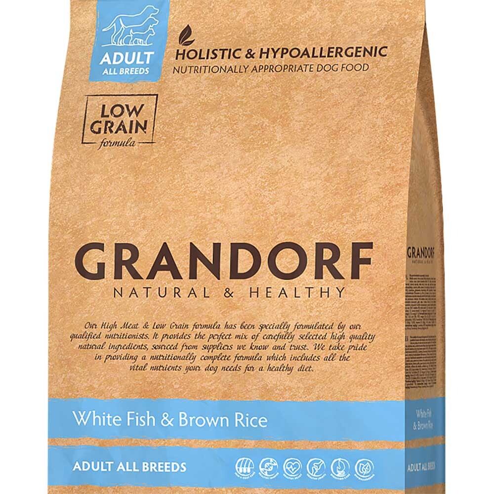 Grandorf Adult All Breeds White Fish & Rice - корм низкозерновой для собак всех пород (белая рыба с рисом)