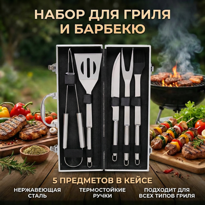 Набор для барбекю из 5 предметов в кейсе LX-0032: щипцы, вилка, лопатка, нож, кисточка кулинарная