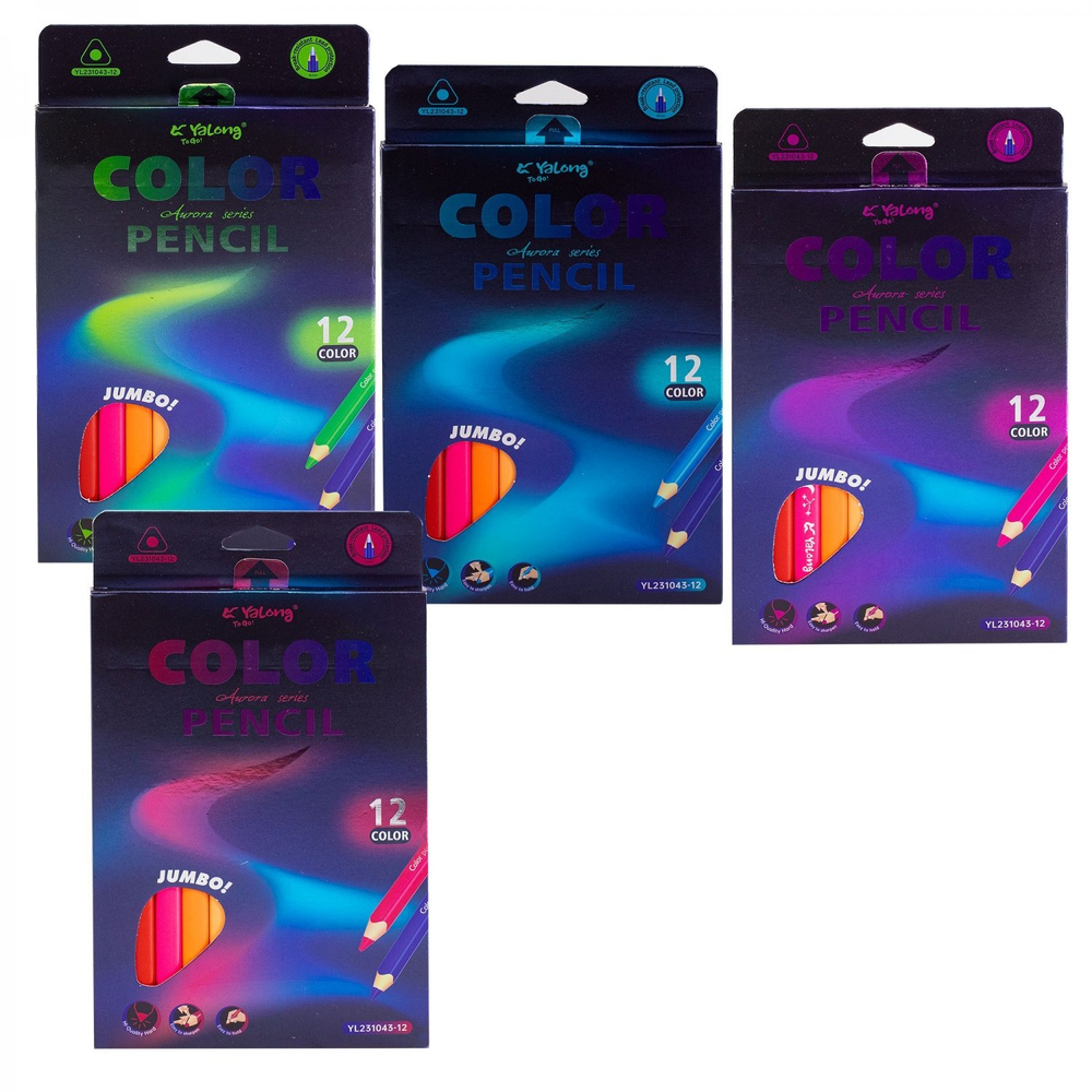 Карандаши цветные утолщенные Yalong 12 цв., "Aurora. Jumbo" деревянные, трехгранные, заточенные, грифель 4.0 мм, картон. уп., европодвес