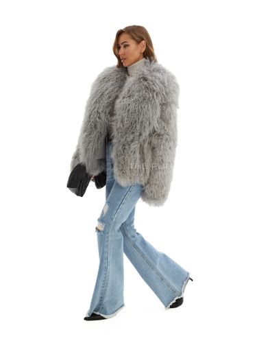 Серая короткая шуба из меха ламы