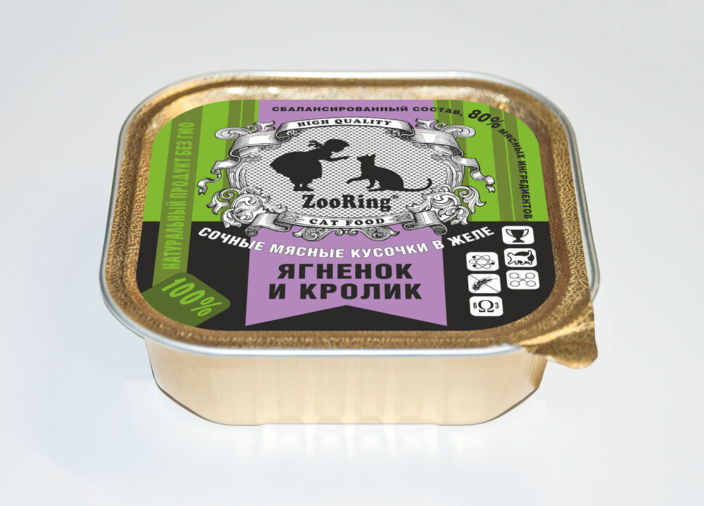 Консервы ZooRing для кошек кусочки в желе Ягненок и кролик, 100 гр