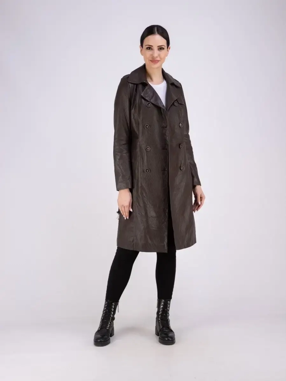 Тренч длинный кожаный с поясом плащ на весну