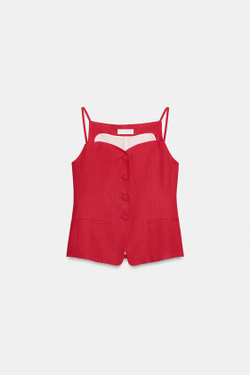 ZARA ЖИЛЕТ С ВЫРЕЗОМ СЕРДЕЧКОМ ИЗО ЛЬНА, КРАСНЫЙ